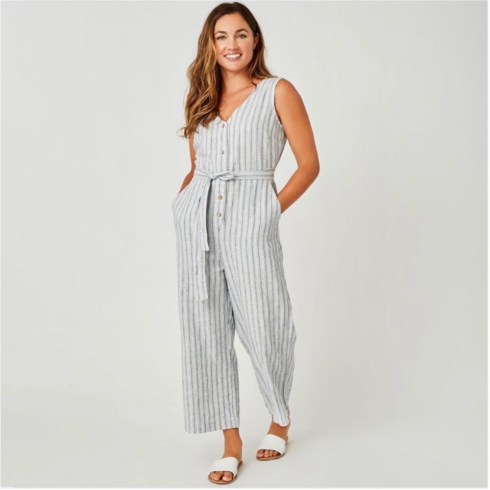 Carve Designs Gray & White Striped Sleeveless Button-Front Jumpsuit